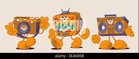 TV retrò, fotocamera, videoregistratore, set di caratteri isolati sullo sfondo. Illustrazione vettoriale di mascotte tecnologiche vintage che camminano in sneakers con volti sorridenti, carino design comico anni '90 Illustrazione Vettoriale