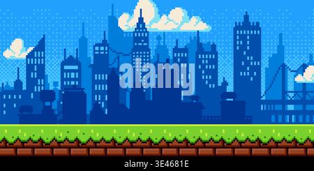 Pixel art City day background con edifici retrò a 8 bit, cielo blu e erba verde vibranti, illustrazione vettoriale dei cartoni animati. Texture a mosaico, design a livello urbano per videogiochi arcade Illustrazione Vettoriale