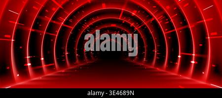Tunnel ad arco rosso neon con effetto di movimento ad alta velocità. Illustrazione vettoriale realistica della prospettiva futuristica del corridoio con luci LED accese, tecnologia di comunicazione, spazio illuminato a laser astratto Illustrazione Vettoriale