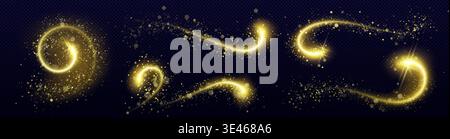 Magico percorso glitter dorato con scintillanti particelle di polvere e raggi stellari brillanti, effetto vortice vettoriale su sfondo scuro e trasparente. Le feste sono ondulate e disegnano elementi, polvere scintillante Illustrazione Vettoriale