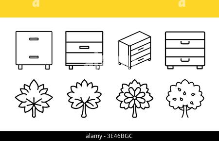 Icone cassetto e struttura ad albero in bianco e nero su sfondo giallo Illustrazione Vettoriale