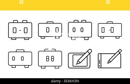 Batteria e tablet con set di icone della linea stilo, alimentatore e raccolta vettoriale Digital Device Outline Illustrazione Vettoriale