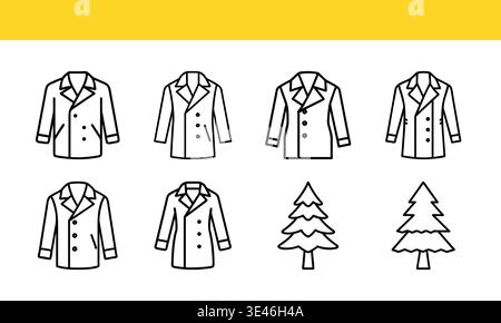 Illustrazioni assortite di cappotti e alberi in linee minimaliste bianche e nere isolate su sfondo trasparente Illustrazione Vettoriale