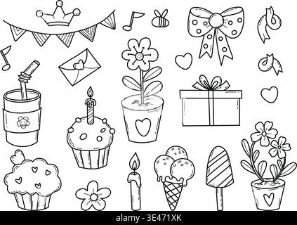 Delinea il set di simpatici festeggiamenti e festeggiamenti. Confezione regalo di compleanno, torte, gelati, fiocco, candela, ghirlande e fiori in vaso disegnati a mano. Vettore Illustrazione Vettoriale