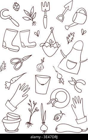 Grazioso motivo senza cuciture con utensili da giardinaggio ed elementi elastici in stile outline su sfondo trasparente Illustrazione Vettoriale