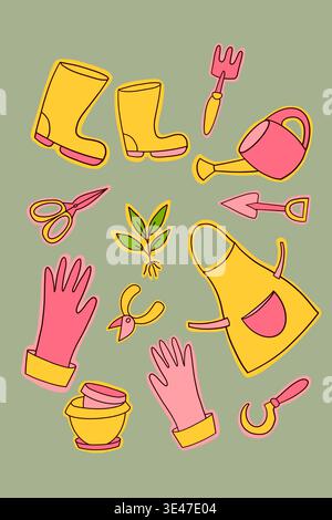 Simpatici adesivi da giardinaggio con attrezzi e piante su sfondo marrone-verdastro Illustrazione Vettoriale