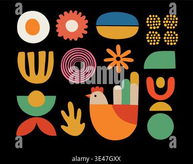 Set vettoriale Scandinavian Folk Art. Fiori astratti, pollo di uccelli. Forme geometriche organiche. Colorata illustrazione di Pasqua nordica moderna. Piatto minimale Illustrazione Vettoriale