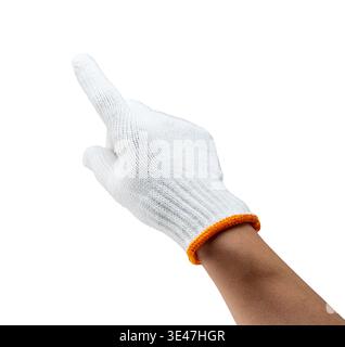 Indossare un guanto da lavoro bianco con il dito rivolto verso l'alto isolato su sfondo bianco Foto Stock