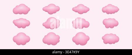 Set di icone di graziose nuvole rosa 3D. Illustrazione Vettoriale