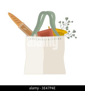 Borsa per la spesa in tessuto riutilizzabile. Borsa in cotone ecocompatibile. Stile di vita sostenibile, zero sprechi, vita lenta e concetto di shopping eco-compatibile. Vettore Illustrazione Vettoriale