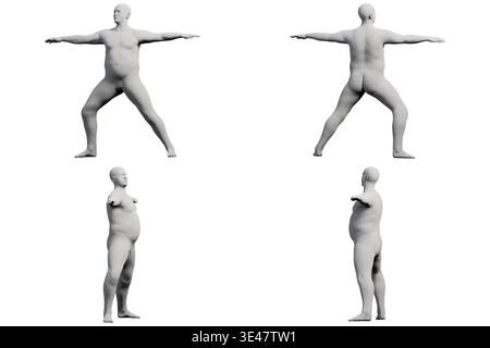 3D Fat Man in piedi, 4 viste, nero opaco e bianco Foto Stock
