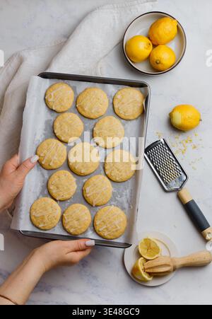 Biscotti al limone appena sfornati con zucchero a velo. Pasticceria fresca fatta in casa. Messa a fuoco selettiva Foto Stock