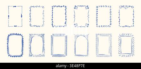 Set di cornici mediterranee disegnate a mano in stile antico e vintage. Schema tasti greco, motivo limone amalfitano, bordo rettangolo italiano. Scribb con gesso Illustrazione Vettoriale