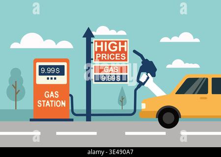 Un'illustrazione dal design piatto che mostra un'auto che effettua il rifornimento presso una stazione di servizio sotto un cartello con la scritta "prezzi elevati", evidenziando l'aumento dei costi del carburante, c Foto Stock