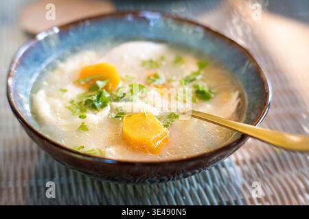 Brodo con gnocchi, carote e prezzemolo in un recipiente decorativo. Foto Stock