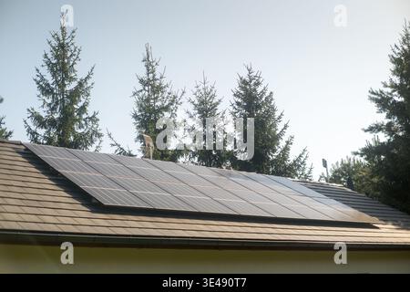 Pannelli fotovoltaici sul tetto di un edificio unifamiliare, che producono energia da fonti rinnovabili. Foto Stock