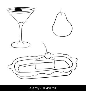 Elementi decorativi per banchetti disegnati a mano, cibo e bevande, bicchiere da cocktail martini, un pezzo di torta e pera in stile art-line Illustrazione Vettoriale
