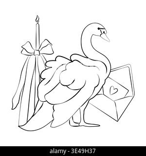 Elementi decorativi per matrimoni disegnati a mano come candela, fiocco, cigno e lettera d'amore, composizione pronta all'uso per carte o inviti Illustrazione Vettoriale