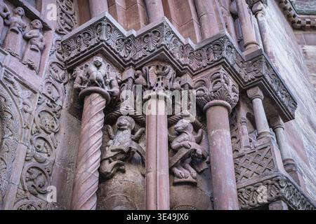 Vista dettagliata della porta di Gallus presso la cattedrale di Basilea realizzata in arenaria rossa in stile tardo romanico, città vecchia, Basilea, Cantone di Basilea-città, Svizzera Foto Stock