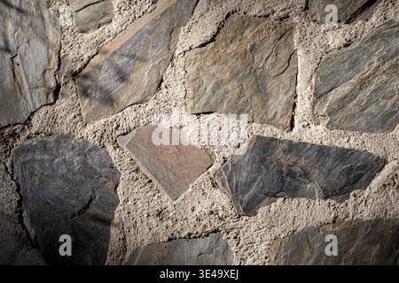 Primo piano di un muro in pietra con forme irregolari in colori naturali Foto Stock