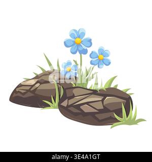 Simpatica illustrazione di piccoli fiori blu che crescono tra rocce e erba verde. Scena primaverile naturale con pietre e fiori selvatici su sfondo bianco. Illustrazione Vettoriale