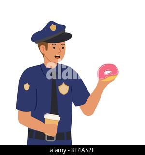 Agente di polizia in pausa. Uomo in uniforme blu della polizia che tiene una tazza di caffè da asporto e una ciambella, in procinto di fare uno spuntino. Illustrazione vettoriale. Illustrazione Vettoriale