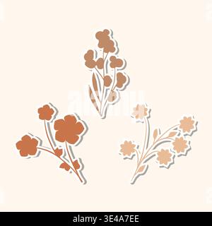 Vengono visualizzati tre adesivi floreali unici. Ogni adesivo presenta fiori e steli stilizzati in colori marrone e beige chiari, evidenziati da un contorno bianco nitido. Illustrazione Vettoriale