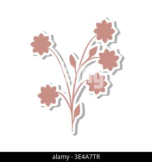 Un'illustrazione stilizzata presenta un delicato design del ramo floreale. Presenta diversi fiori rosa tenui e piccole foglie, delineati in bianco con una tenue ombra grigia. Illustrazione Vettoriale