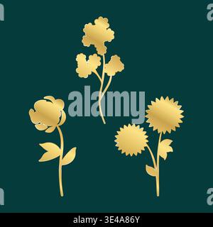 Tre elementi floreali dorati stilizzati sono disposti su un profondo sfondo verde scuro. Ogni design unico presenta delicati petali e gambi graziosi, che formano un'elegante illustrazione botanica. Illustrazione Vettoriale