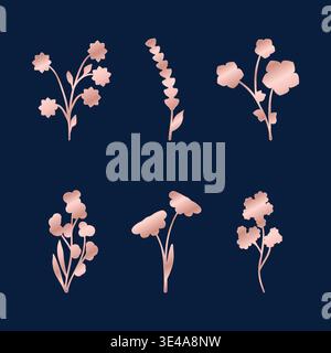 Una collezione di sei eleganti elementi floreali dorati rosa è esposta su uno sfondo blu scuro. Illustrazione Vettoriale