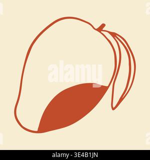 Un'illustrazione vettoriale minimalista di un intero mango con una singola foglia. Questo disegno artistico di frutta tropicale disegnato a mano è perfetto per cibo esotico Illustrazione Vettoriale