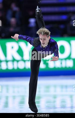 Praga, Repubblica Ceca. 26 marzo 2026. Aleksandr Selevko dell'Estonia si esibisce durante il programma corto maschile dei Campionati del mondo di pattinaggio di figura ISU 2026 a Praga, Repubblica Ceca, 26 marzo 2026. Crediti: Zhang Haofu/Xinhua/Alamy Live News Foto Stock