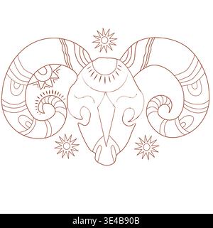 Vettore simbolo zodiacale Aries – Design tatuaggio in astrologia minimalista con linee modificabili a 1,5 pt tracciate a mano. Illustrazione Vettoriale