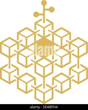 Golden Isometric Blockchain Network simboleggia la sicurezza decentralizzata dei dati e i nodi digitali interconnessi Illustrazione Vettoriale