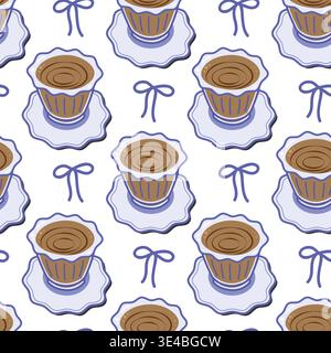 Modello senza cuciture con tazza di caffè minimale e fiocco a nastro in stile mediterraneo disegnato a mano Design piatto. Illustrazione vettoriale isolata avvolgimento o sfondo sfondo motivazione o mood card, post multimediale Illustrazione Vettoriale