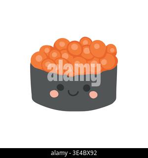 Cibo a base di riso con sushi ristorante di pesce per un menu vettoriale asiatico. Pesce giapponese isolato con cartoni animati di cibo salutare per la cucina icona dei pasti Illustrazione Vettoriale
