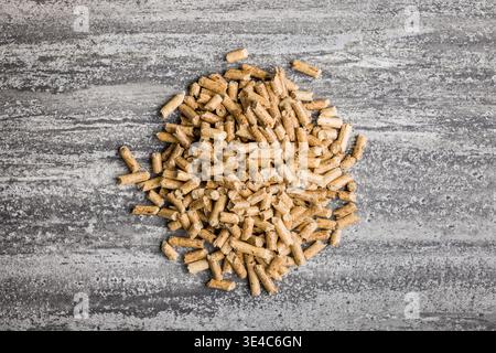 Piccoli pellet di legno dorato sparsi su una superficie di cemento testurizzato, che rappresentano combustibile da biomassa, riscaldamento rinnovabile, combustibile per stufe ed energia sostenibile Foto Stock