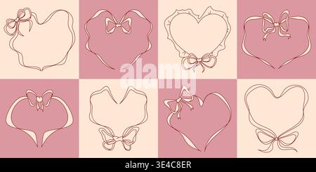 Cornice a cuore con elegante fiocco e bordi in pizzo vintage dal design rosa coquette. Illustrazione ispirata al matrimonio con delicati nastri e volant femminili. Schizzo romantico disegnato a mano per le carte di san valentino Illustrazione Vettoriale