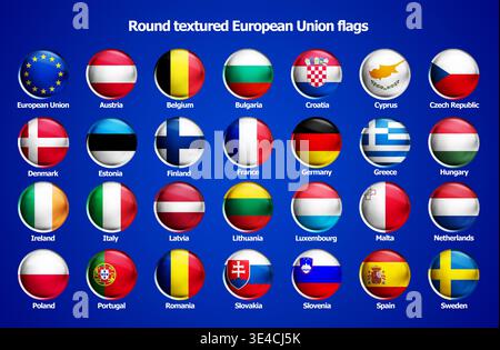 Le icone a trama rotonda mostrano le bandiere dell'Unione europea e dei paesi membri su sfondo blu, disposte in righe ordinate con stile lucido ed etichette chiare. Foto Stock