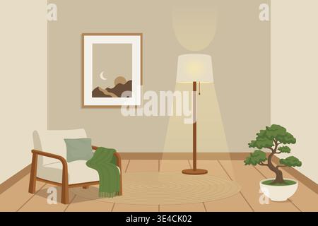Intimo interno giapponese con poltrona e piantana con illustrazione vettoriale. Illustrazione Vettoriale