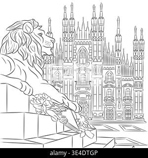 Statua del leone bianco e nero con facciata cattedrale a Milano, illustrazione vettoriale in Italia Illustrazione Vettoriale
