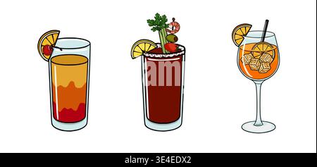 Set Hangover Brunch con tre colorate illustrazioni vettoriali di cocktail con decorazioni Illustrazione Vettoriale