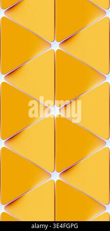 Carta da parati astratta gialla con forme geometriche con triangoli in primo piano. Una texture con un motivo geometrico che si ripete in stile fantascientifico Foto Stock
