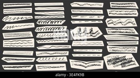 Le colorate pennellate e le linee a matita creano vivaci segni di enfasi, sottolineature e texture disegnate a mano, perfette per i disegni creativi di pastelli e. Illustrazione Vettoriale