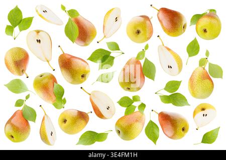 Motivo di pera, sfondo di pere gialle mature con il lato rosso macchiato, foglie verdi, isolate. Raccolta di pere intere e metà di diverse pere Foto Stock