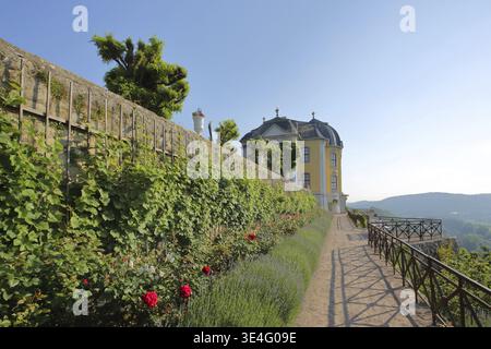 Castello rococò con giardino di rose e sentiero con ringhiera, palazzi di Dornburg, Dornburg-Camburg, Turingia, Germania Foto Stock