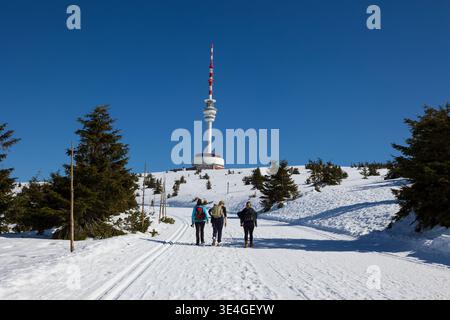 Praded, monti Jeseniky, Repubblica Ceca, Cechia. Gli escursionisti camminano nella natura verso la torre della televisione e delle comunicazioni e il trasmettitore. Escursione Foto Stock