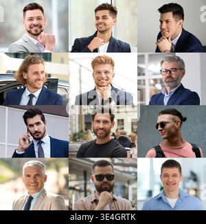 Ampia collezione di ritratti maschili. Uomini di età diverse Foto Stock