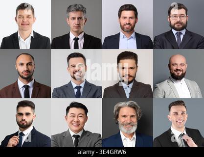 Ampia collezione di ritratti maschili. Uomini di età diverse Foto Stock
