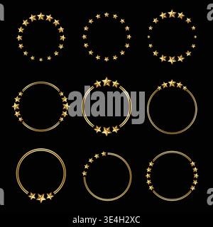 Cornice Golden Stars con bordo rotondo sfondo nero le stelle della collezione brillano con una texture calda e raffinata. Ideale per il lusso, la festa o l'achi Illustrazione Vettoriale